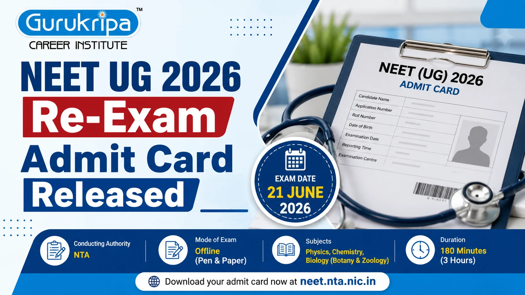 NEET UG 2026 Re-Exam Admit Cards Released: Download Hall Ticket for 21 June Exam